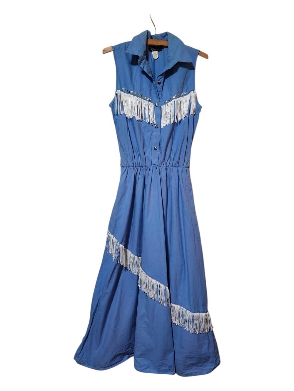 VTG 80's Diamond L. Western Wear Blue White Fringe Maxi Dress Size 9/10